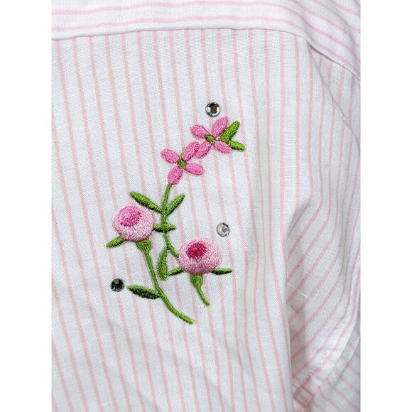 Las Olas Womens Button Up Shirt Size Med Long Sleeve Pink Striped Embroidered - Picture 11 of 11